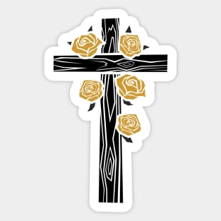 Wooden cross of Jesus Christ decorated with roses Sticker